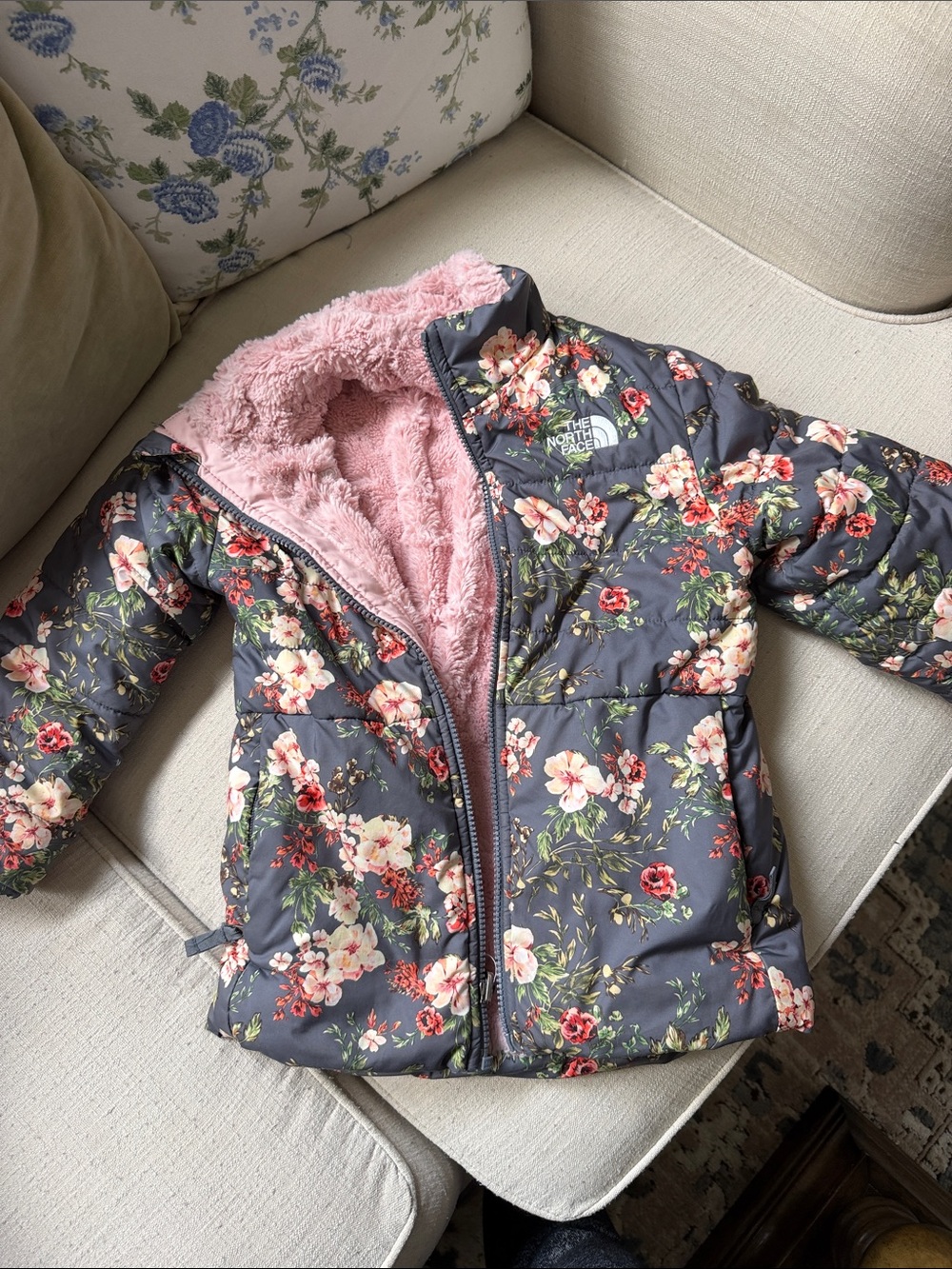 The North Face Girls' Floral Puffer Jacket in Gray with Pink Sherpa
